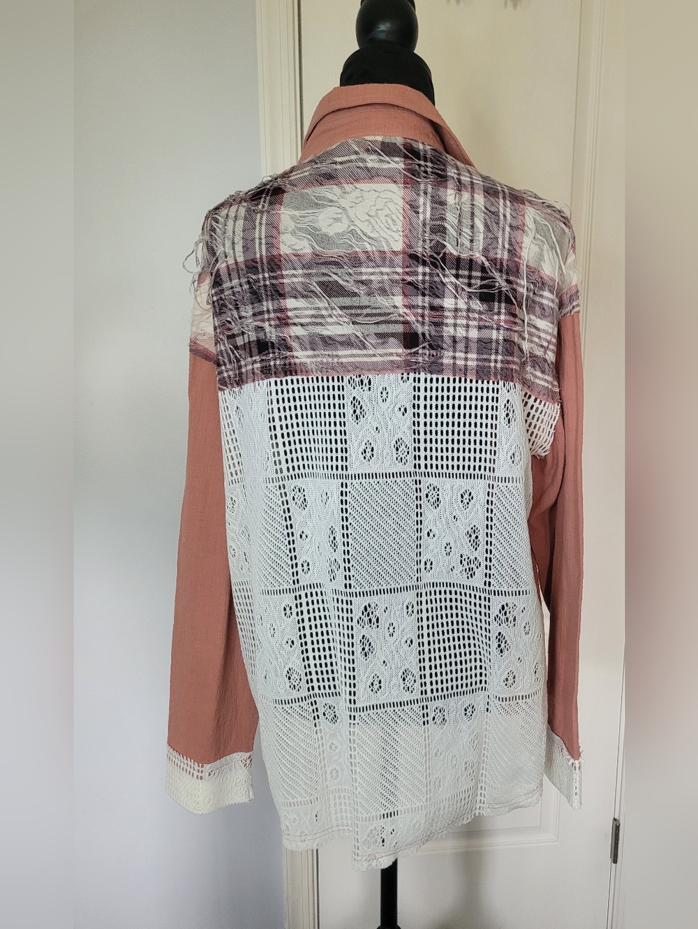 POL Mixed-Media Crochet & Plaid Button-Up Shirt. NWOT